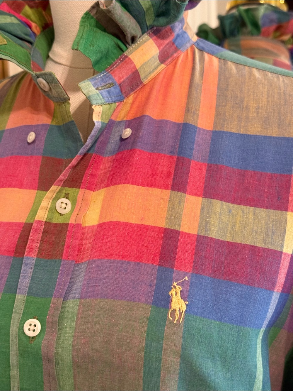 Ralph Lauren Ruffle Collar Pastel Multi-Color Plaid Button-Down Shirt - Picture 4 of 9